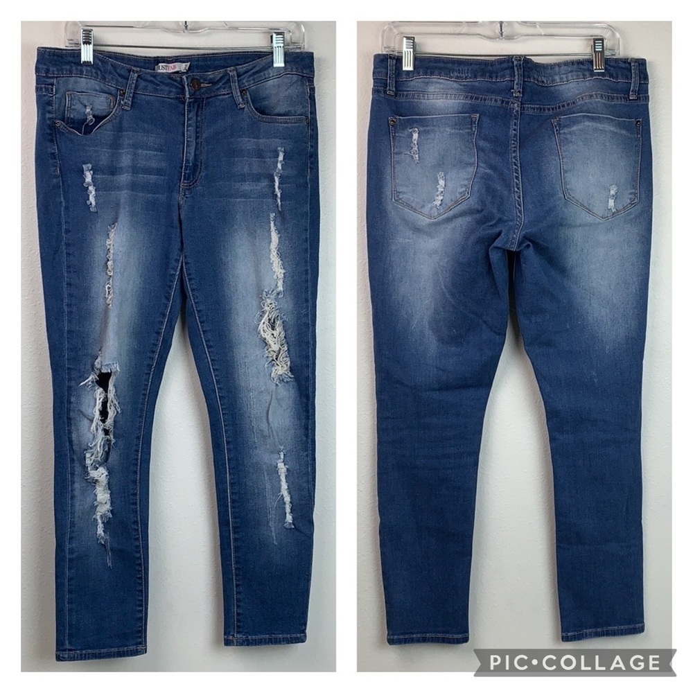JustFab ankle crop stretch sexy skinny faded distressed medium wash jeans, EUC